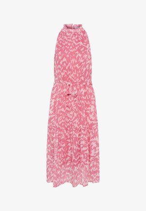 Vestido rosa con patrón abstracto en rosa claro, diseño de cuello halter, cintura ajustada con un lazo y falda asimétrica y fluida. Tejido ligero.