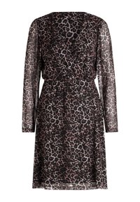 Leopardenmuster-Kleid mit V-Ausschnitt, langen transparenten Ärmeln, tailliertem Bund und fließendem Rock in Brauntönen und Schwarz.