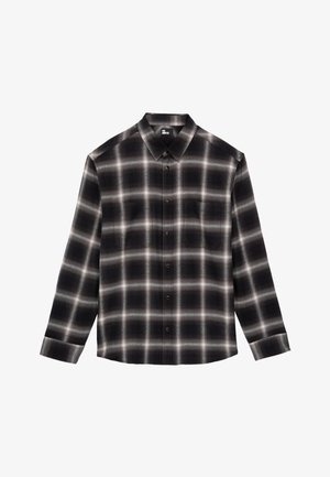 Camicia a quadri nera e grigia con maniche lunghe, colletto e due tasche sul petto; presenta una texture morbida e una vestibilità regolare.