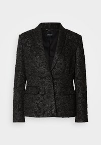 Zwarte blazer met geborduurd bloemenpatroon, gestructureerd ontwerp, met schouders en twee voorzakken, en een satijnen afwerking.