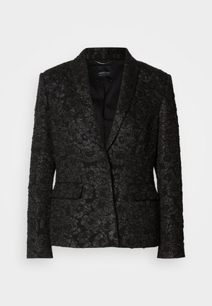 Schwarzer Blazer mit besticktem Blumenmuster, strukturiertem Design, Reverskragen, zwei vorderen Taschen und satinierter Oberfläche.
