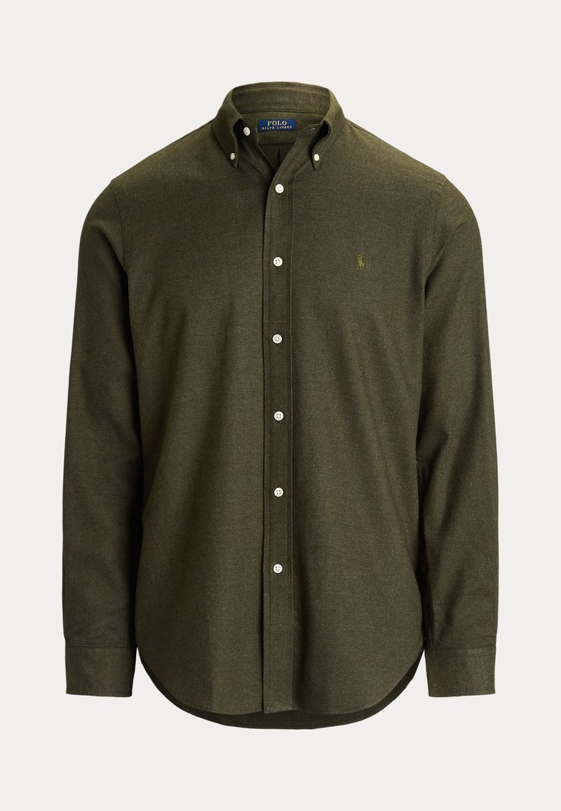 Chemise à manches longues kaki avec col et petit logo brodé sur la poitrine gauche.