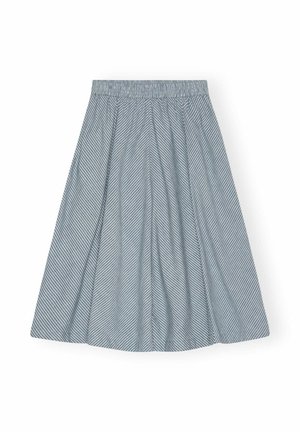 Modrá a biela pruhovaná sukňa s elastickým pásom, so zvonovou siluetou a textúrovanou tkaninou. Vhodná na bežné nosenie.