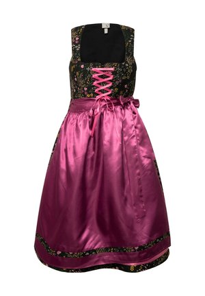 Traditionelles Kleid mit einem blumenmusterbedruckten Oberteil in Schwarz, einem rosa Satinrock, einer Schnürfront und einem passenden Taillenband.