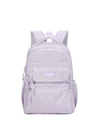 Un sac à dos en nylon violet avec plusieurs compartiments zippés, des bretelles rembourrées et un design durable avec des accents en mesh.