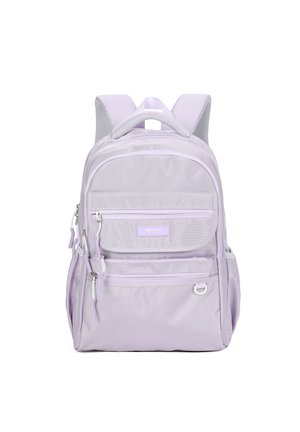 Zaino in nylon viola con più scomparti con zip, spallacci imbottiti e un design resistente con dettagli in rete.