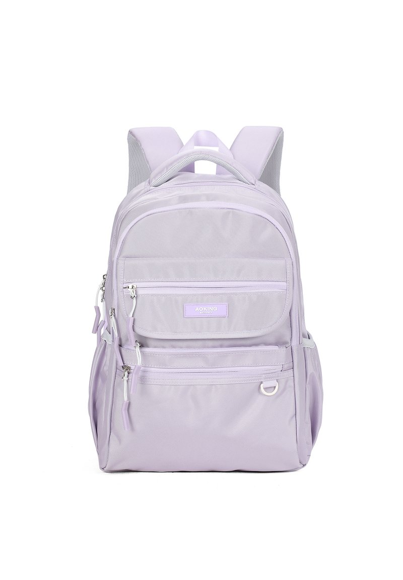 Un sac à dos en nylon violet avec plusieurs compartiments zippés, des bretelles rembourrées et un design durable avec des accents en mesh.