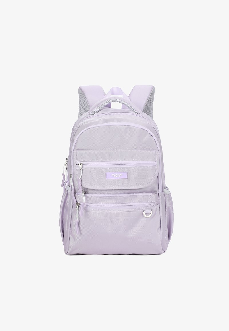 Un sac à dos en nylon violet avec plusieurs compartiments zippés, des bretelles rembourrées et un design durable avec des accents en mesh.