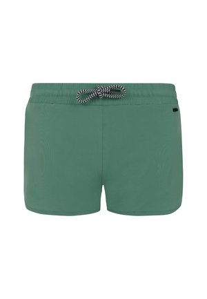 Groene zwemshorts met een elastische tailleband, zwart-witte trekkoord en een gladde textuur. Heeft geen zichtbare zakken of patronen.