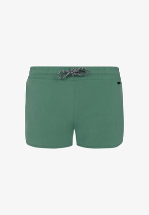 Groene zwemshorts met een elastische tailleband, zwart-witte trekkoord en een gladde textuur. Heeft geen zichtbare zakken of patronen.