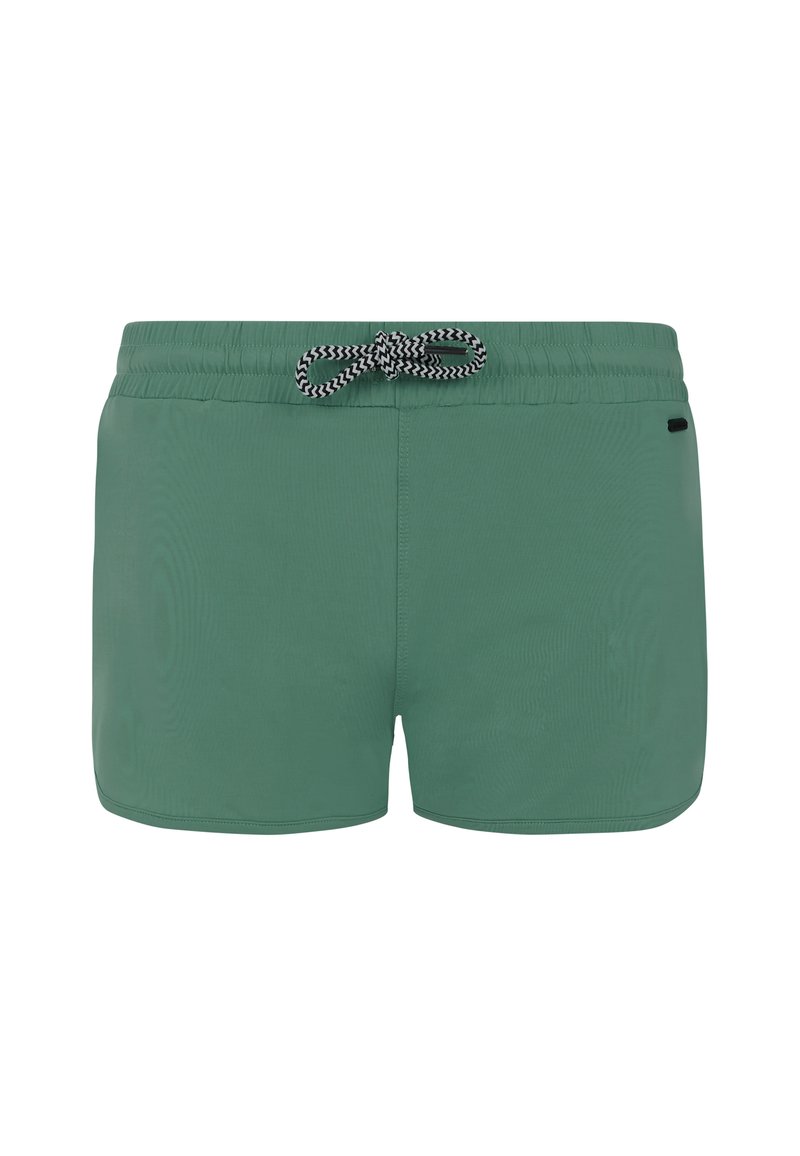 Groene zwemshorts met een elastische tailleband, zwart-witte trekkoord en een gladde textuur. Heeft geen zichtbare zakken of patronen.