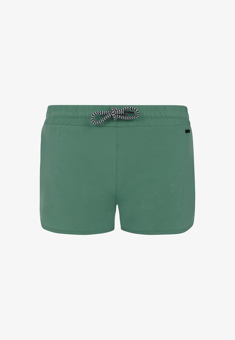 Groene zwemshorts met een elastische tailleband, zwart-witte trekkoord en een gladde textuur. Heeft geen zichtbare zakken of patronen.