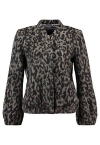 Giacca in stampa leopardata realizzata in un tessuto morbido e testurizzato, con scollatura rotonda e chiusura frontale a scatto. Presenta maniche lunghe e un design corto.