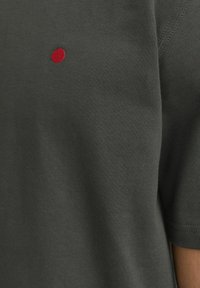 Tmavě zelené bavlněné tričko s krátkými rukávy, na přední straně s malou vyšívanou červenou tečkou. Hladká textura a jednoduchý design.