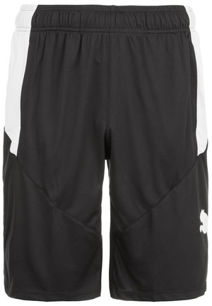 Sorte atletikshorts med hvide sidepaneler, elastisk taljebånd og et lille hvidt dyrelogo på det nederste højre ben.