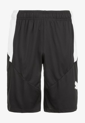Schwarze Sportshorts mit weißen Seitenpanelen, elastischem Bund und einem kleinen weißen Tierlogo am unteren rechten Bein.