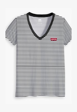Juoda ir balta dryžuota v-kaklo marškinėliai su trumpomis rankovėmis, turintys juodą apykaklę ir raudoną Levi's logotipą kairėje krūtinėje.
