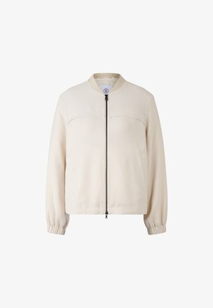 Světle béžová bomber bunda s hladkým povrchem, zipem vpředu, žebrovaným límečkem a pružnými manžetami. Má dvě boční kapsy a minimalistický design.