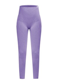 Purple ribbed leggings with a high waistband. Smooth texture and form-fitting design, extending to the ankles without patterns or accents.