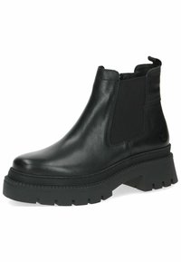 Black leather chelsea boot with elastic side panels, chunky rubber sole, and textured finish. Features a pull tab at the back for easy wear.