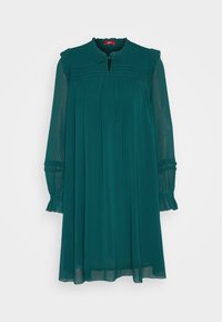 Robe longue à manches longues couleur sarcelle avec manches transparentes, poignets à volants, plis creux sur la poitrine et petit col goutte avec lien.