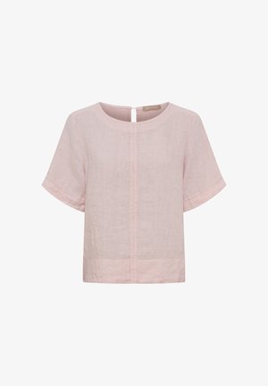 Lyserød kortærmet hørbluse med rund halsudskæring, central søm og knaplukning bagpå.