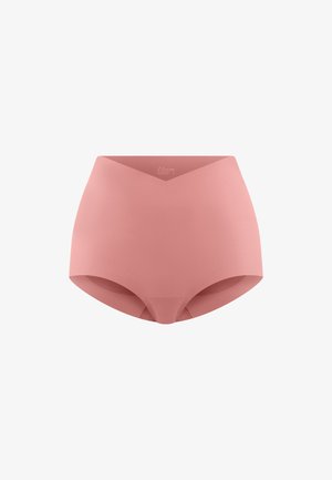 Sous-vêtement féminin rose taille haute sans coutures avec un détail de ceinture en V, conçu pour le confort et une coupe lisse.