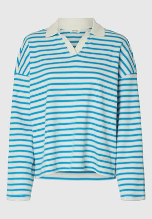 Mėlynos ir baltos spalvos dryžuota ilgomis rankovėmis polo marškinėliai, su V formos iškirpte, banguotu apykakle ir plačiomis rankovėmis su minkšta tekstūra. Logotipas ant apačios.