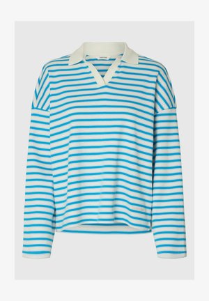 Mėlynos ir baltos spalvos dryžuota ilgomis rankovėmis polo marškinėliai, su V formos iškirpte, banguotu apykakle ir plačiomis rankovėmis su minkšta tekstūra. Logotipas ant apačios.