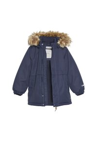 Marine isolert parka med fuskepelshette, elastiske mansjetter, frontglidelås og to sidelommer. Myk tekstur med lett design.