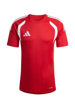 Κόκκινη αθλητική φανέλα με κοντά μανίκια και λευκές ρίγες στους ώμους και τις πλευρές, με μικρό λευκό λογότυπο στο στήθος και την επιγραφή «Climacool» κοντά στο τελείωμα.