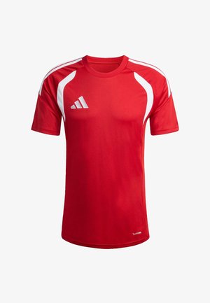 Rød sportstrøje med korte ærmer og hvide striber på skuldre og sider, med et lille hvidt logo på brystet og teksten "Climacool" nær kanten.