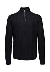 Schwarzer, gestrickter Pullover mit langen Ärmeln, einem hohen gerippten Kragen und einem kurzen silbernen Reißverschluss in der Mitte vorne.
