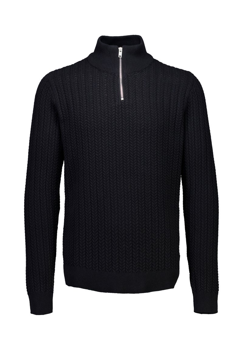 Schwarzer, gestrickter Pullover mit langen Ärmeln, einem hohen gerippten Kragen und einem kurzen silbernen Reißverschluss in der Mitte vorne.