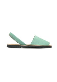 Mint green suede slingback sandal with an open toe and a flat black rubber sole. Simple design with minimal hardware and stitching accents.