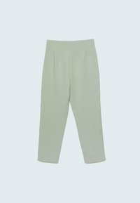 Light green trousers with a tailored fit, featuring pleats at the waist and tapered legs. Smooth fabric texture, no patterns or hardware.