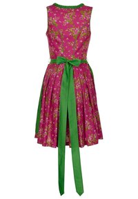 Růžové květinové šaty s přiléhavým korzetem, zeleným výstřihem a plnou skládací sukní. Obsahují zelený saténový pásek zavázaný v pase.
