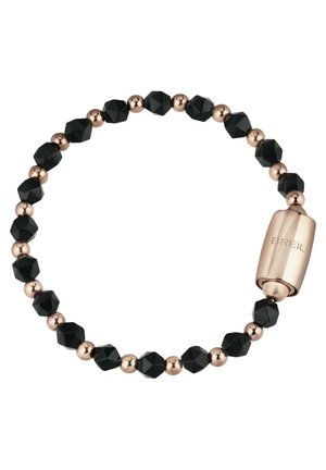 Perles noires hexagonales et rondes disposées de manière alternée, accentuées par un espaceur en métal rose doré et un fermoir cylindrique arborant une gravure "BREIL".