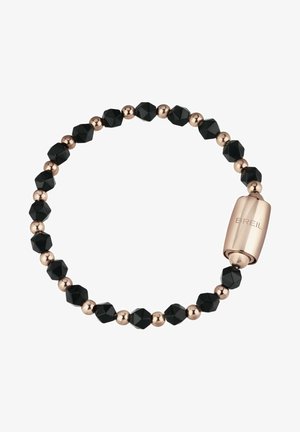 Cuentas hexagonales y redondas negras dispuestas de forma alterna, acentuadas con separadores de metal color oro rosa y un cierre cilíndrico que muestra la grabación "BREIL".