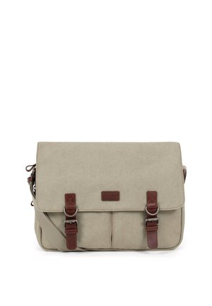 Sac messager en toile beige avec deux sangles en cuir marron à boucle et une bandoulière réglable.