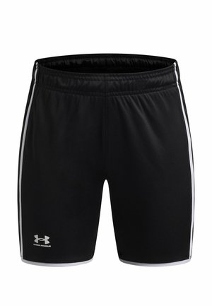 Zwarte sportshorts met witte zijstrepen, elastische tailleband en Under Armour-logo aan de onderkant van het linkerbeen.