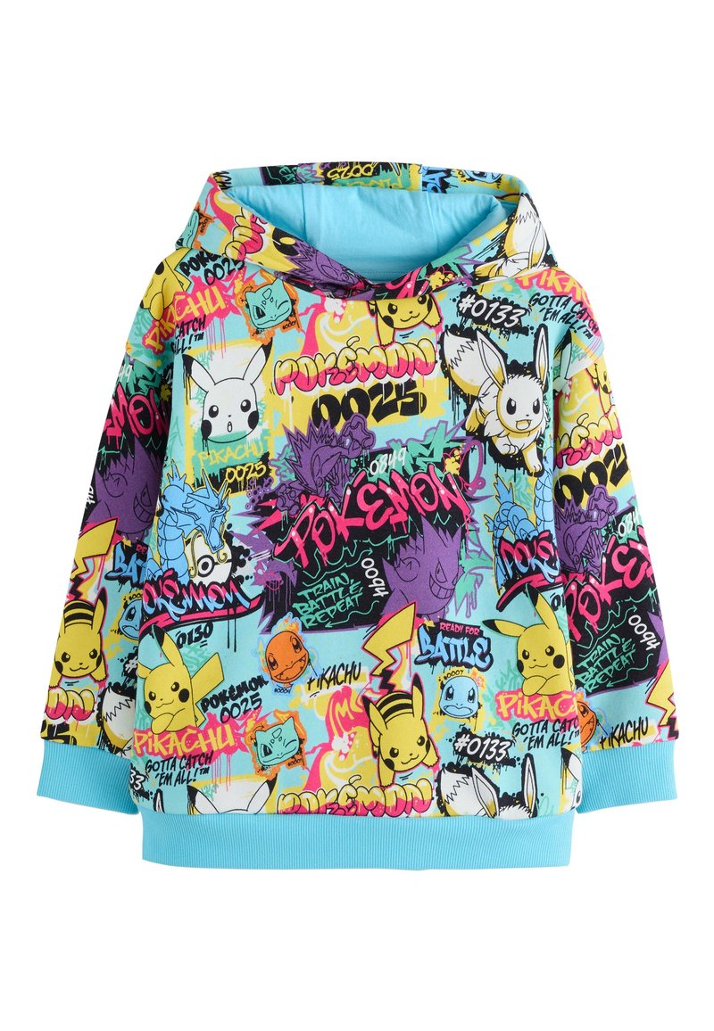 Sweat à capuche coloré pour enfants avec les personnages Pokémon Pikachu, Évoli, Salamèche et un texte style graffiti sur fond bleu clair.