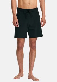 Black swim shorts with a drawstring waistband, side pockets, and a smooth texture. Mid-thigh length, designed for water activities.