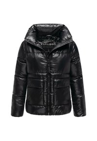 Black padded jacket with a shiny finish, large hood, zip closure, and two front pockets. Features horizontal quilted design and ribbed cuffs.