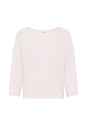 Lichtroze shirt met lange mouwen, een brede ronde halslijn en een rechte zoom, gepresenteerd tegen een witte achtergrond.