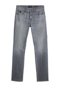 Jeans in denim grigio con taglio dritto, design a cinque tasche, leggera scoloritura e orlo cucito. Presenta una patch con logo sulla cintura.