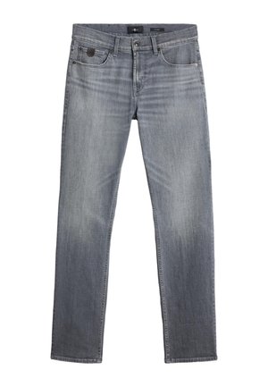 Jean en denim gris avec une coupe droite, design à cinq poches, décoloration subtile et ourlet cousu. Présente une étiquette à logo sur la taille.