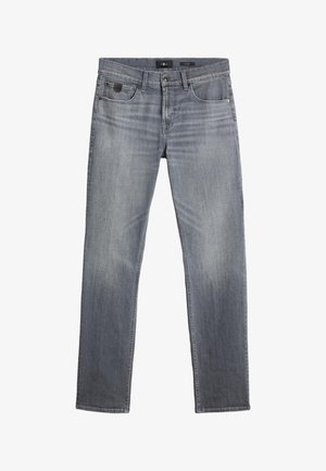 Szare dżinsy o prostym kroju, pięć kieszeni, delikatne przetarcia i podwinięty brzeg. Posiadają naszywkę z logo na pasku.