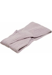 Strikket hodebånd i lys lavendel, med en tvistet design, teksturert ribbing og mykt garn, ideelt for varme og komfort.