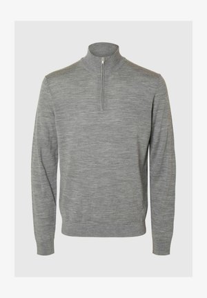 Grå genser med glidelås i kragen, laget av et glatt, strukturert stoff. Har lange ermer og en tettsittende design.